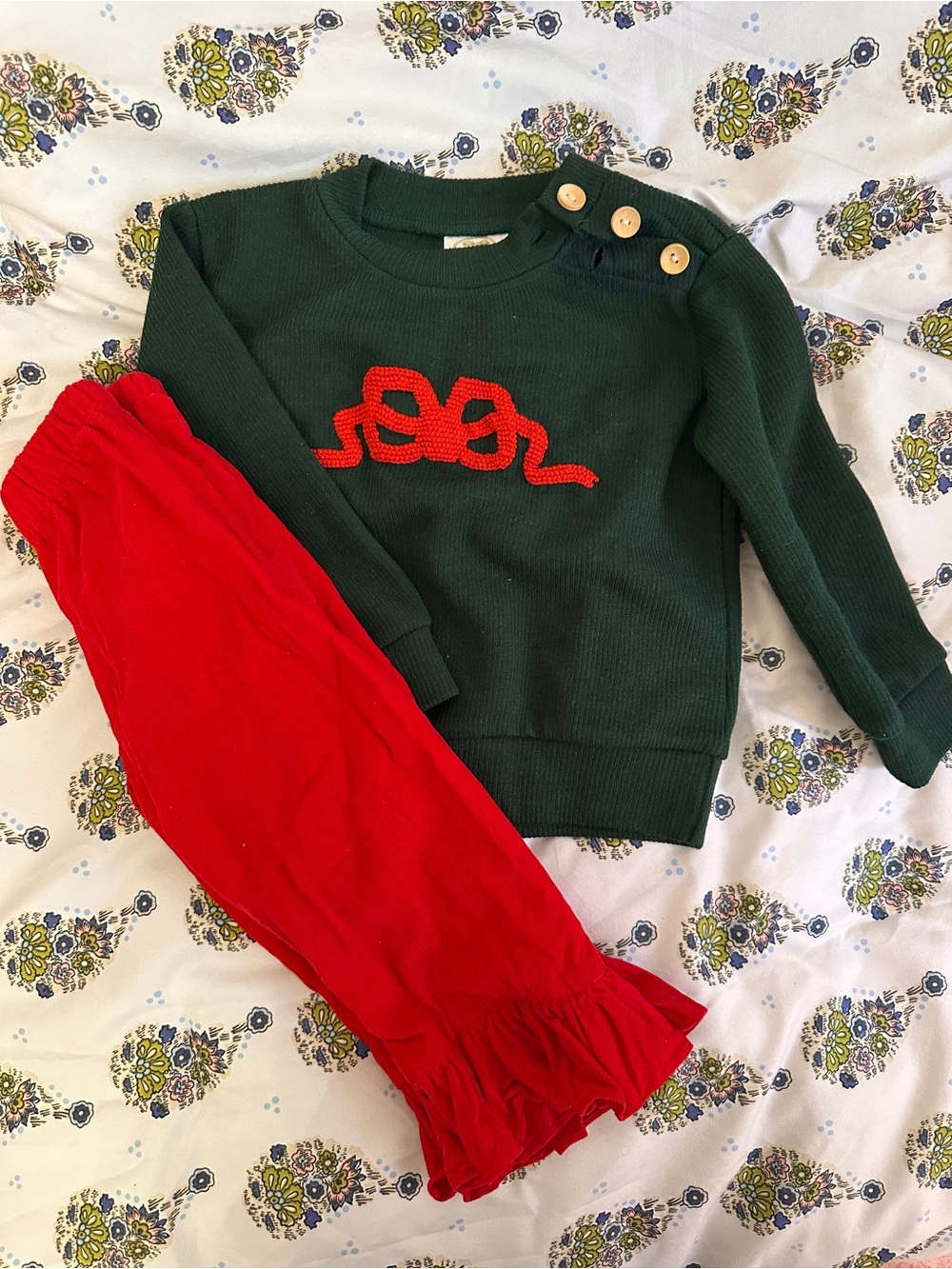 Kids Two-Piece Green Sweater and Red Ruffle Pants Matching Set